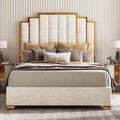 AMERLIFE Queen Size Upholstered Bed, Modern Velvet Bed Frame with 61.4' Tall Gold Trim Headboard, No Box Spring Needed, Cream