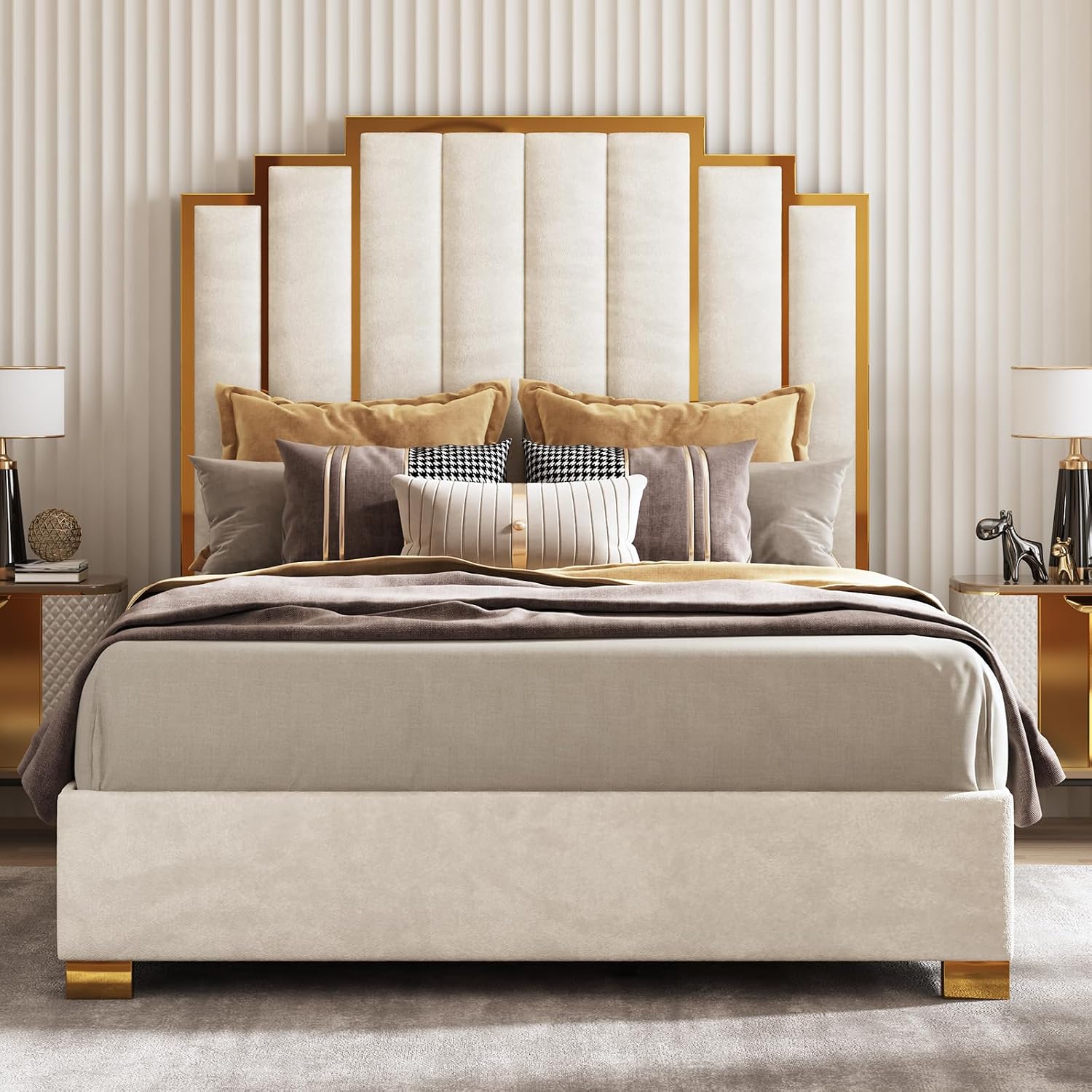 AMERLIFE Queen Size Upholstered Bed, Modern Velvet Bed Frame with 61.4' Tall Gold Trim Headboard, No Box Spring Needed, Cream