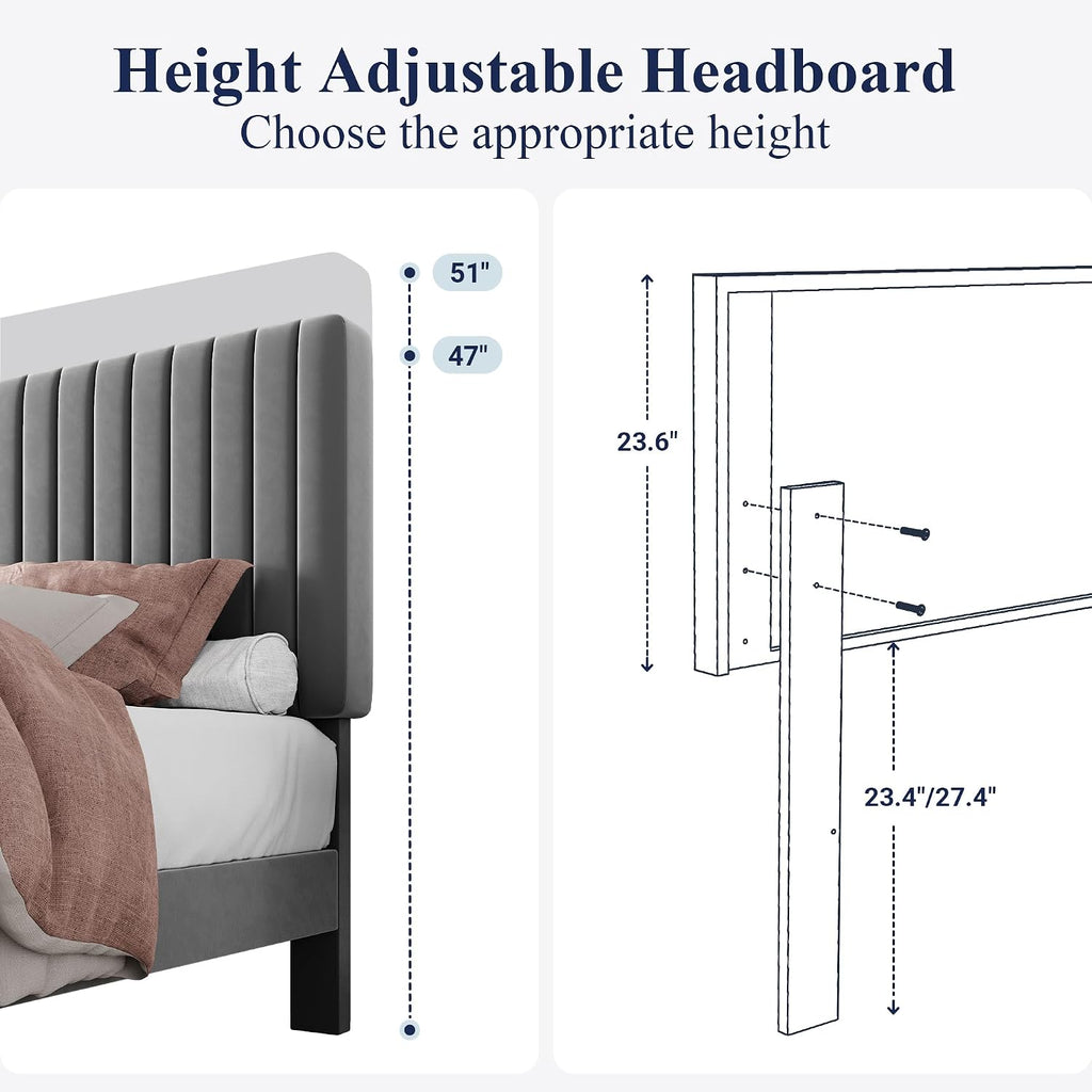 Allewie Queen Bed Frame, Velvet Upholstered Platform Bed with Adjustable Vertical Channel Tufted Headboard, Mattress Foundation with Strong Wooden Slats, Box Spring Optional, Easy Assembly, Grey