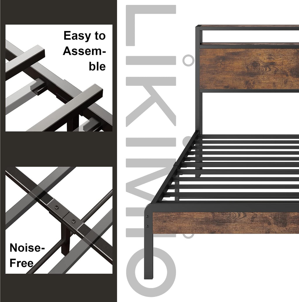 LIKIMIO Full Size Bed Frame, Platform Bed with 2-Tier Storage Headboard, Solid and Stable, Noise Free, No Box Spring Needed, Easy Assembly, Vintage Brown