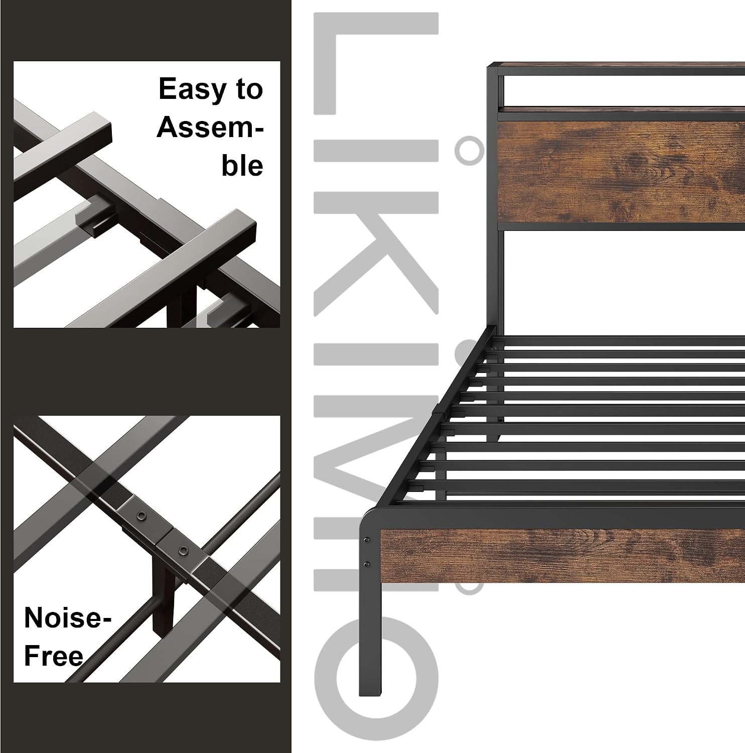 LIKIMIO Full Size Bed Frame, Platform Bed with 2-Tier Storage Headboard, Solid and Stable, Noise Free, No Box Spring Needed, Easy Assembly, Vintage Brown