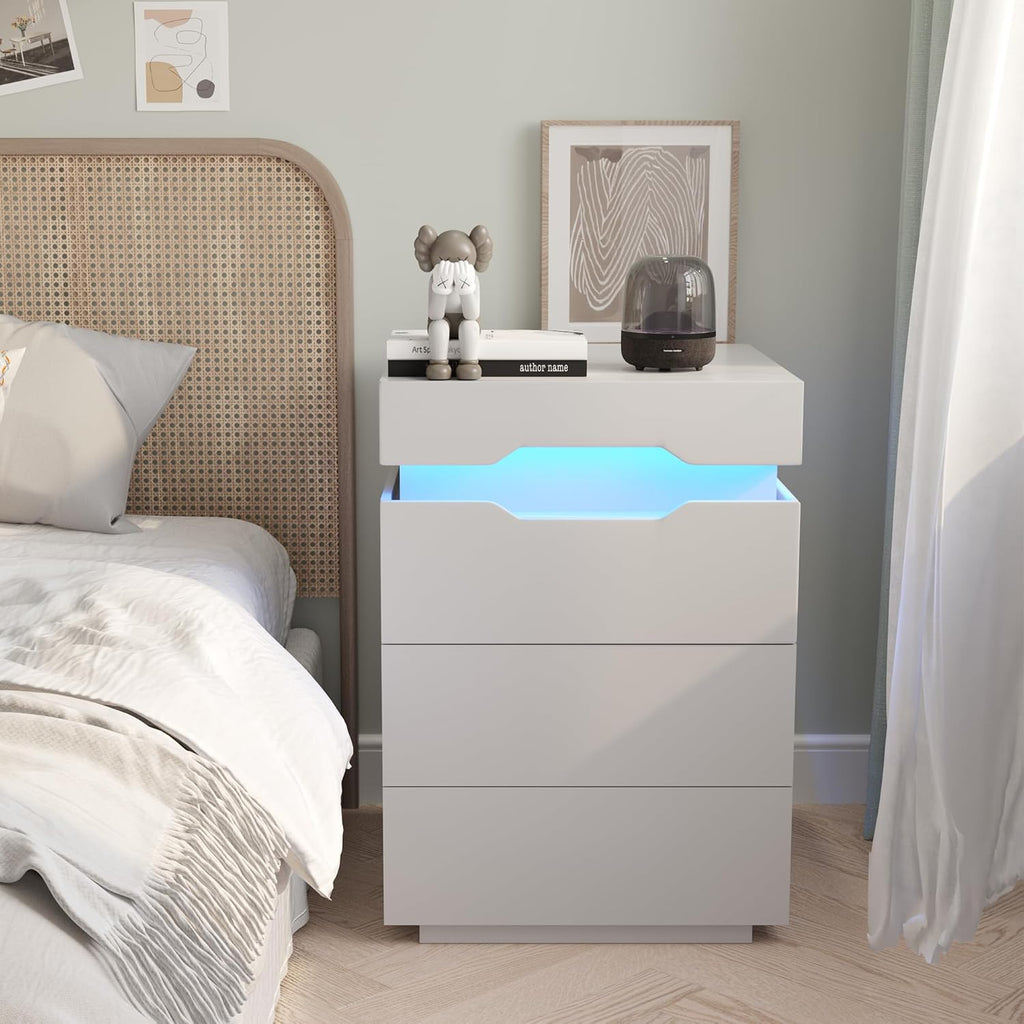 YESHOMY Nightstand with LED Light and Charging Station, Endtable with 3 Drawers, Bedside Table with Large Capacity, for Bedroom, Set of 2, 27.5' Height, White