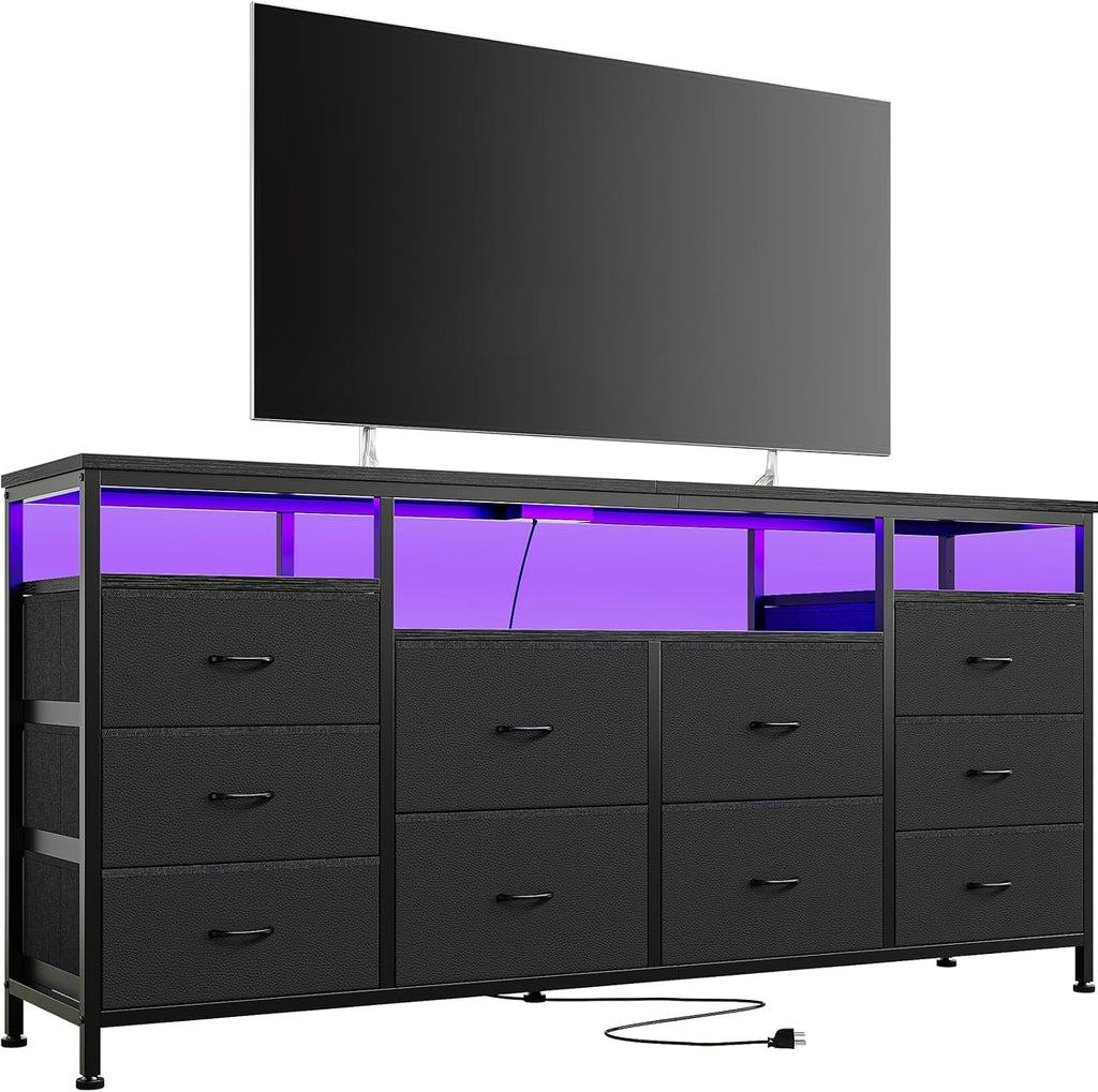 63.3 in Black Dresser for Bedroom, 10 Drawer Dresser TV Stand for 65 70 75 in TV, Fabric Chest of Drawers with LED Lights & Power Outlets, Long Entertainment Center for Closet, Living Room, Entryw