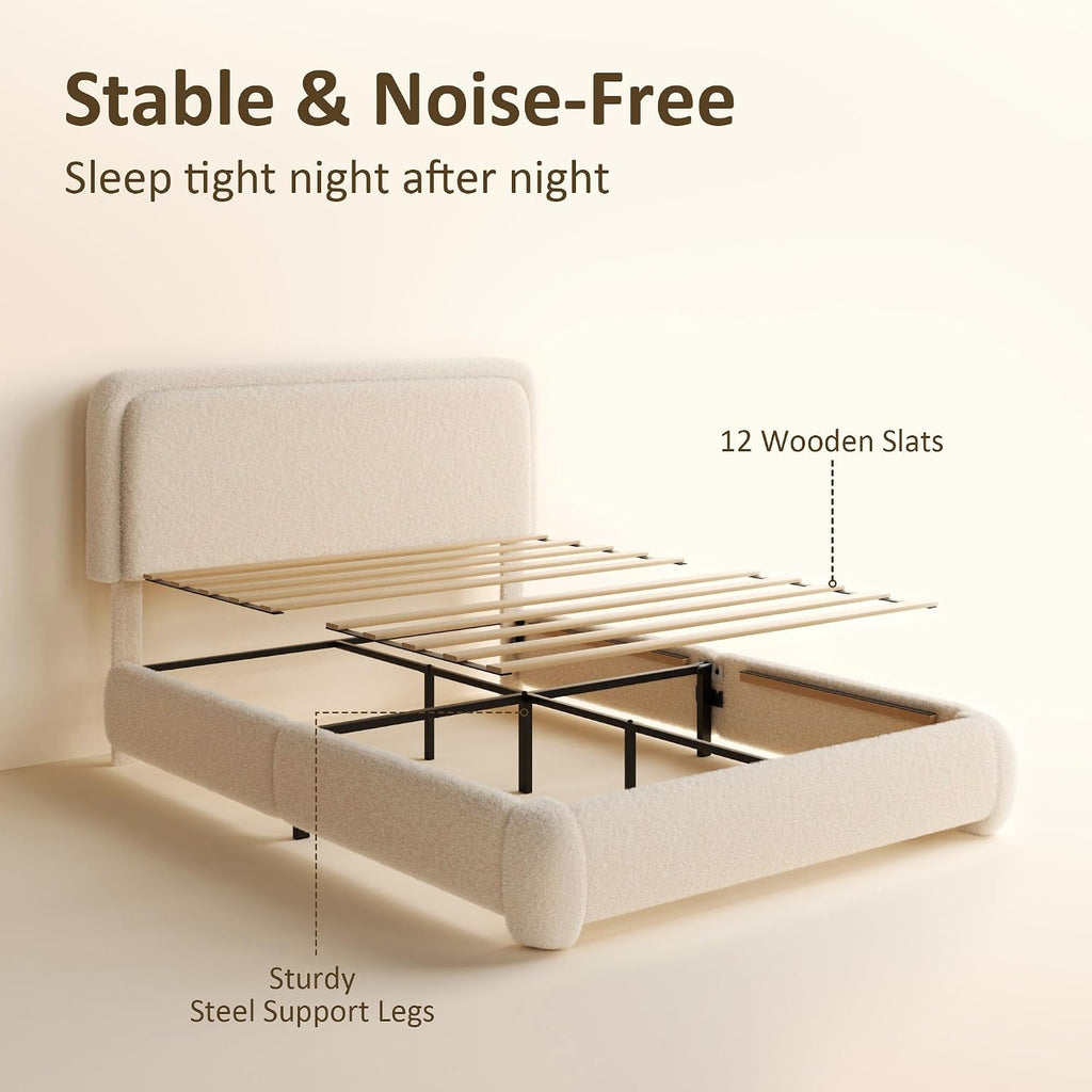 Full Bed Frame, Teddy Velvet Boucle Bed Frame with 43.3'/45.3' Adjustable Upholstered Headboard, Rounded Corners, Mattress Foundation, No Box Spring Required, Beige