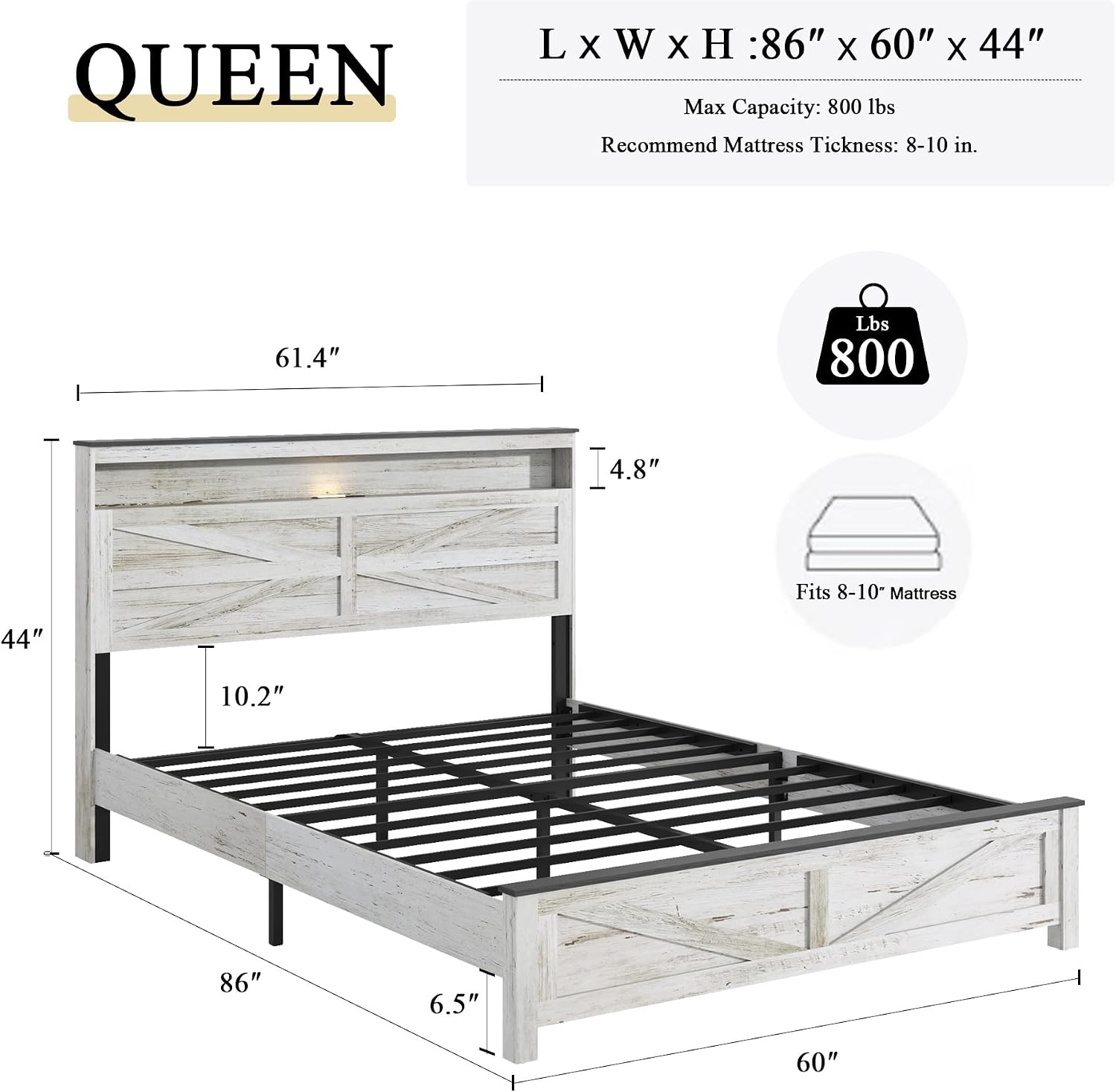 Farmhouse Wooden Bed Frame Queen Size with Storage Headboard, Boho Platform Bedframe with LED Lights and Charging Station, Metal Slats Support, No Box Spring Needed, White