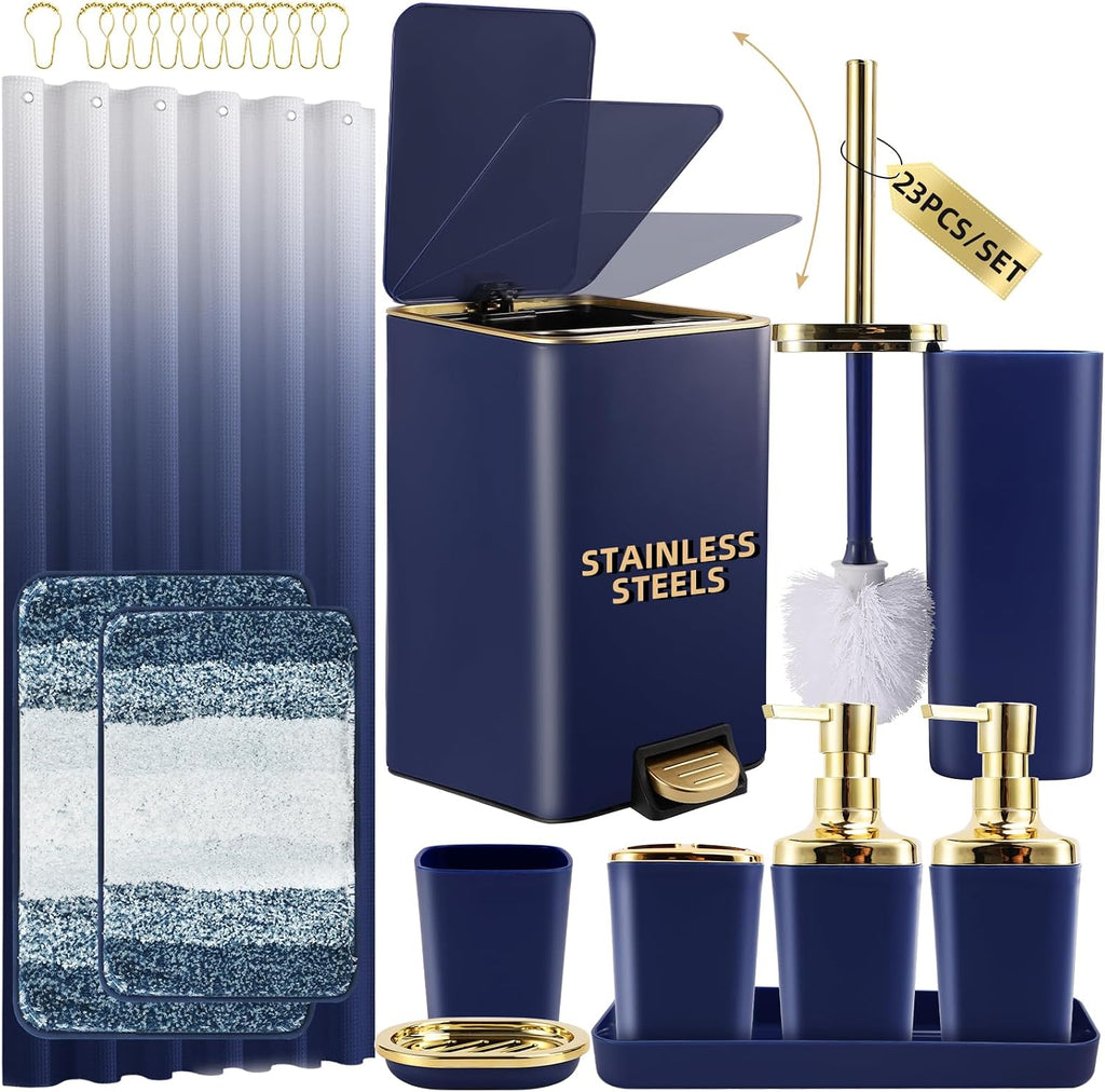 Bathroom Sets with Shower Curtain and Rugs Bathroom Accessories Set Navy Blue Bathroom Set,Soap Dispenser & Toilet Brush Holder Set with Stainless Steel Trash Can(23 PCS)