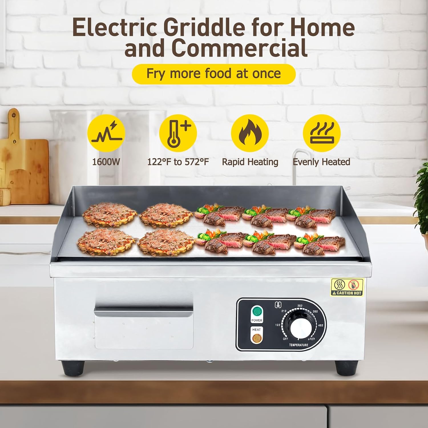 22' 1500W Electric Griddle – Stainless Steel Half-Flat Top Countertop Grill, 122°F-572°F Adjustable Temp, 2 Shovels & 2 Brushes with Plug for Home & Restaurant
