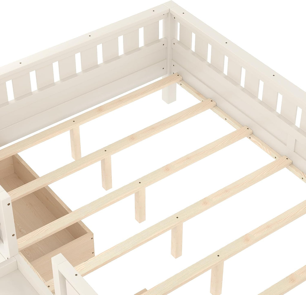 Bellemave Queen Size Montessori Bed with Slats and Stairs, Queen Size Platform Bed Frame with Fence, Bookshelf and Storage Drawers, Low Profile Beds Beds for Girls, Boys, Beige