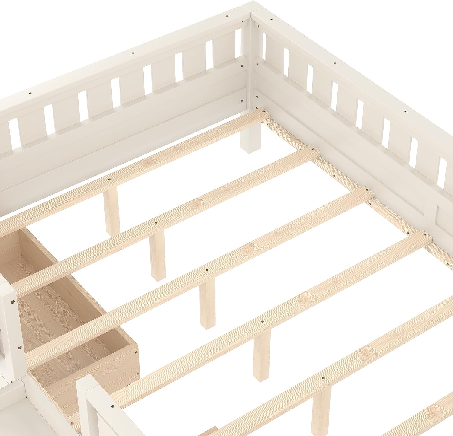 Bellemave Queen Size Montessori Bed with Slats and Stairs, Queen Size Platform Bed Frame with Fence, Bookshelf and Storage Drawers, Low Profile Beds Beds for Girls, Boys, Beige