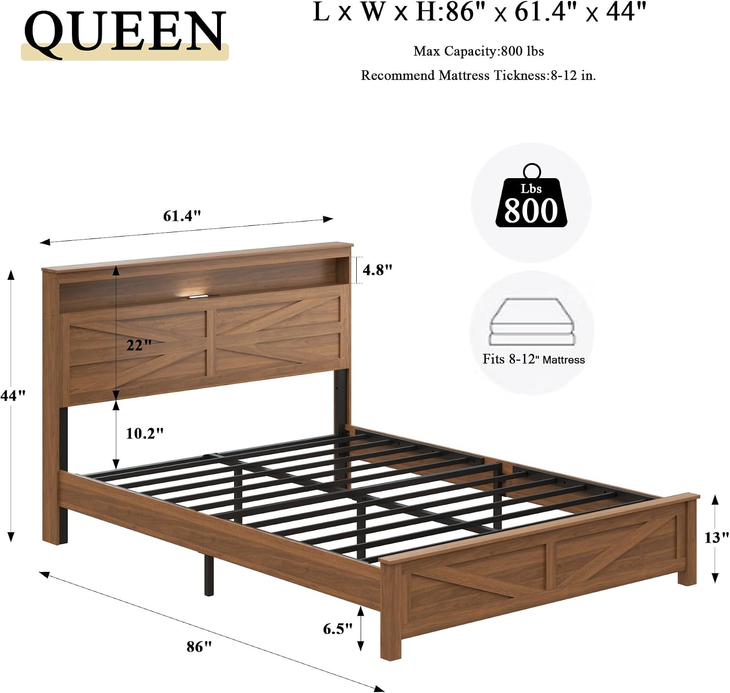 Farmhouse Wooden Bed Frame Queen Size with Storage Headboard, Boho Platform Bedframe with LED Lights and Charging Station, Metal Slats Support, No Box Spring Needed, Deep Brown