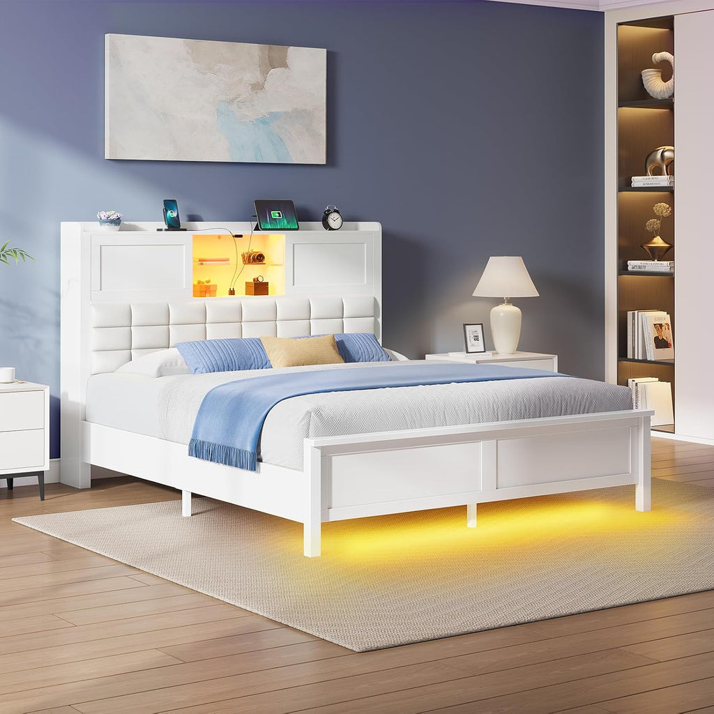 Rolanstar Bed Frame Full Size with Charging Station, Bookcase Headboard Bed with LED Light and Sliding Doors, Platform Bed with Wooden Slats, No Box Spring Needed, Noise Free, White
