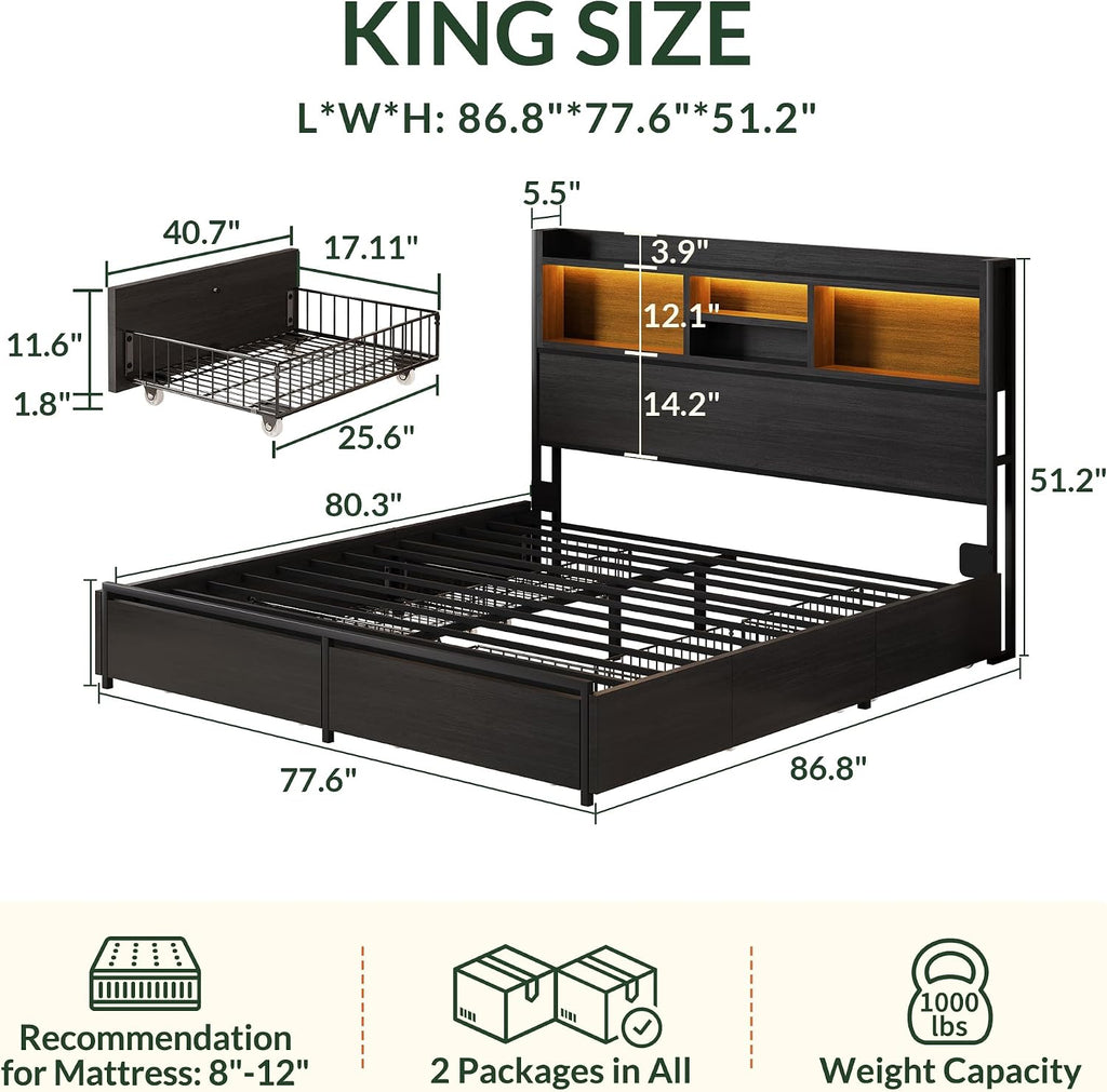 LARMACE King Size Bed Frame with 6 Storage Drawers and Headboard Wooden Platform Bed Frame with LED Lights and Charging Station Easy Assembly/No Box Spring Needed/Black