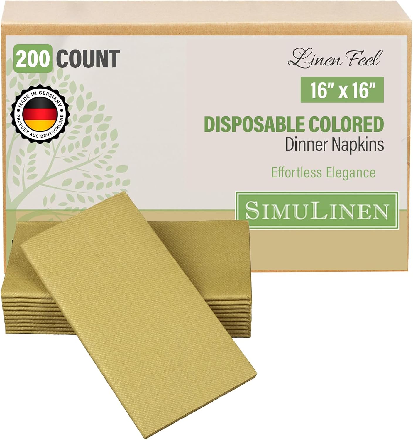 SimuLinen Gold Linen Feel Disposable Dinner Napkins - Cloth-Like Kosher Napkins for Celebrations, Weddings, and Showers, 16'x16', Box of 300