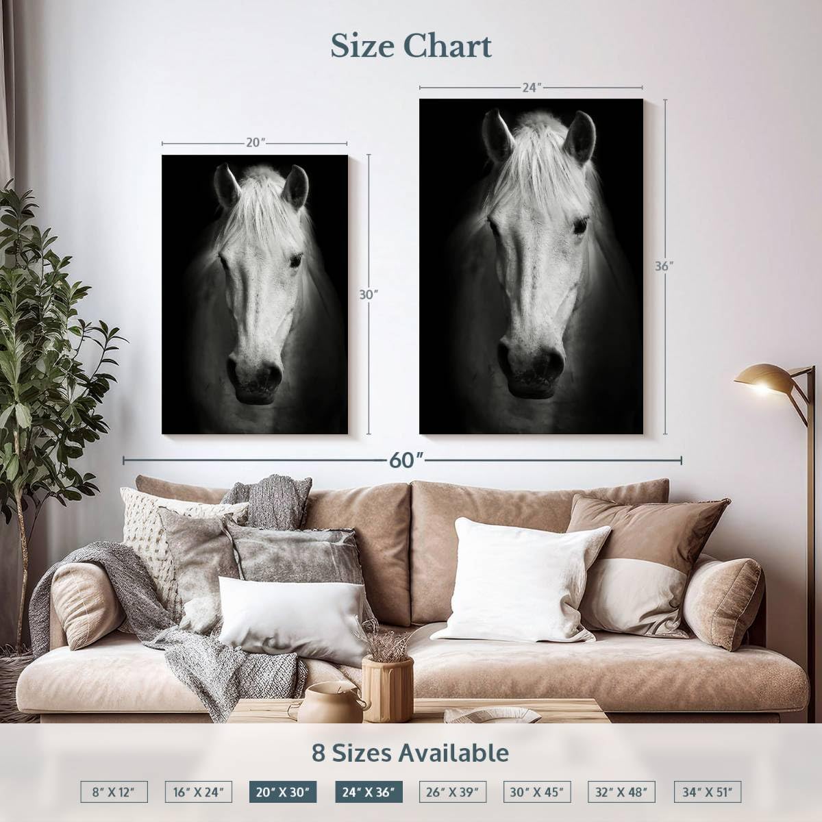 ElephantStock - White Thoroughbred Horse Wall Art - Vertical Canvas Wall Art - Living Room Wall Decor - Photography Animal Canvas Art - Black And White Decor - 24' x 36'