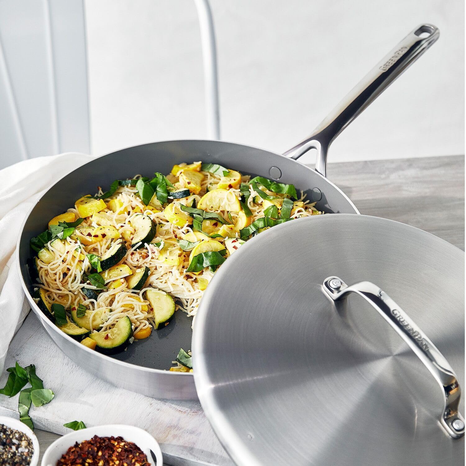 GreenPan GP5 Stainless Steel 5-Ply Healthy Ceramic Nonstick 13 Piece Cookware Pots & Pans Set, Frying Pans, Sauté, Saucepans, Stock Pot, Scratch Resistant, Induction,Dishwasher & Oven Safe, PFAS-Free