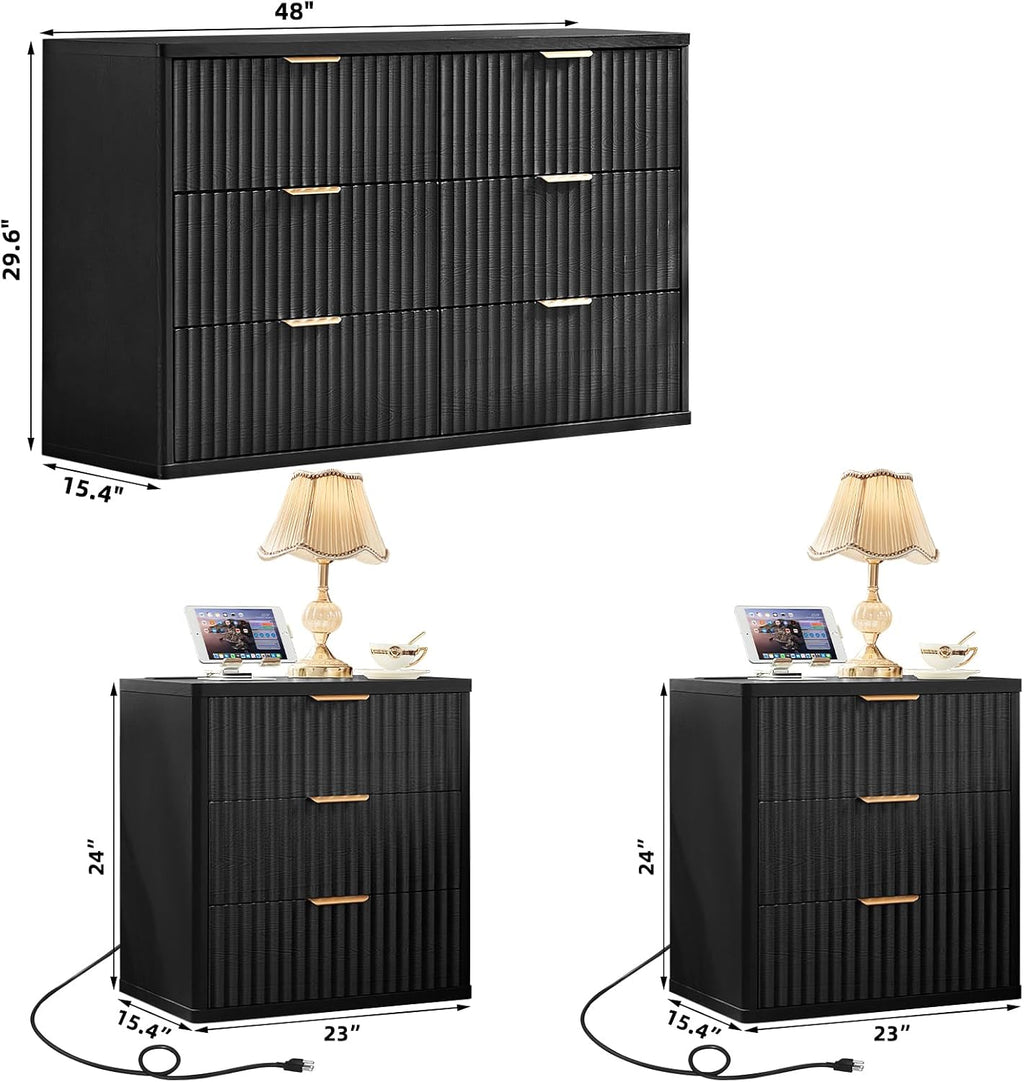 LEYAOYAO 48' Wide Fluted Dresser and 3 Drawers 23' Nightstand Set of 2, Wooden Dresser & Night Stand with Charging Station, 3 Piece Bedroom Furniture Set, Wood Chest of Drawer for Living Room,Black