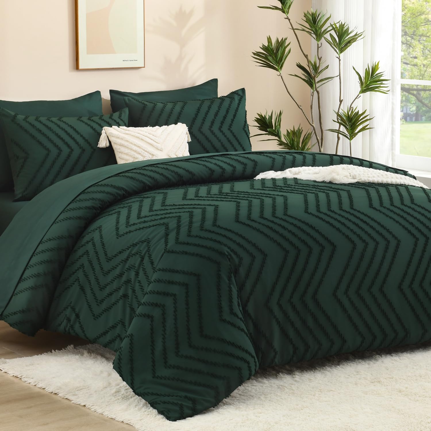 Litanika Super King Plus Size Comforter Set with Sheets Emerald Green - 7 Pieces Bed in a Bag Oversized King Boho Tufted Complete Bedding Sets with Comforter, Sheets, Pillowcases & Shams
