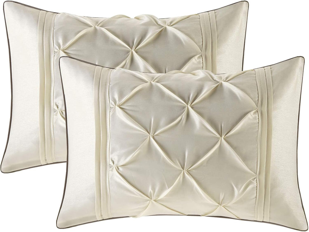 Madison Park Essentials Room in a Bag Faux Silk Comforter Set - Luxe Diamond Tufting All Season Bedding, Matching Curtains, Decorative Pillows, Ivory King(104'x92') 24 Piece