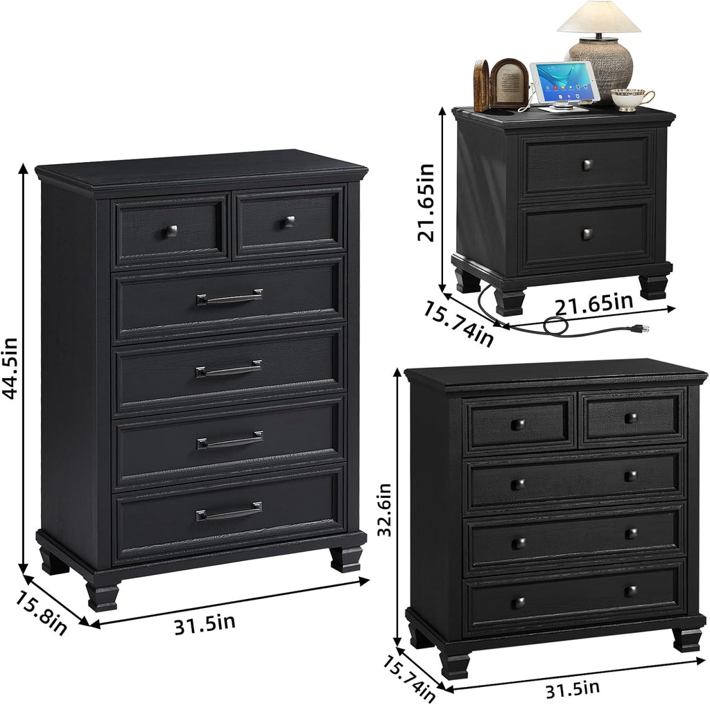 SAVOR LIFE Farmhouse Bedroom Dresser and Nightstand Set of 4, 6 Drawer Tall & 5 Drawers Dresser & 2 Drawer Nightstand Set, Rustic Wood Furniture Set for Bedroom, Hallway, Black