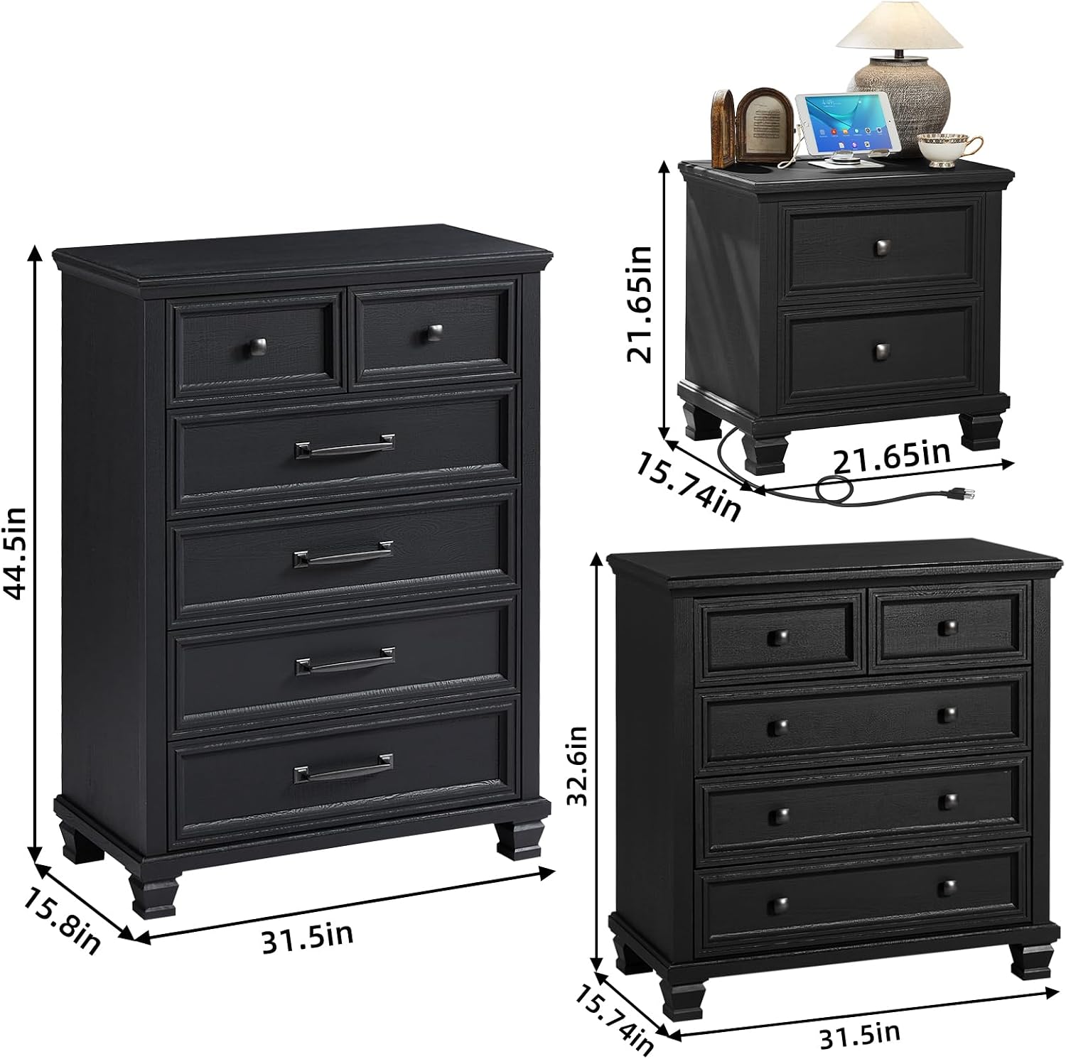 SAVOR LIFE Farmhouse Bedroom Dresser and Nightstand Set of 4, 6 Drawer Tall & 5 Drawers Dresser & 2 Drawer Nightstand Set, Rustic Wood Furniture Set for Bedroom, Hallway, Black
