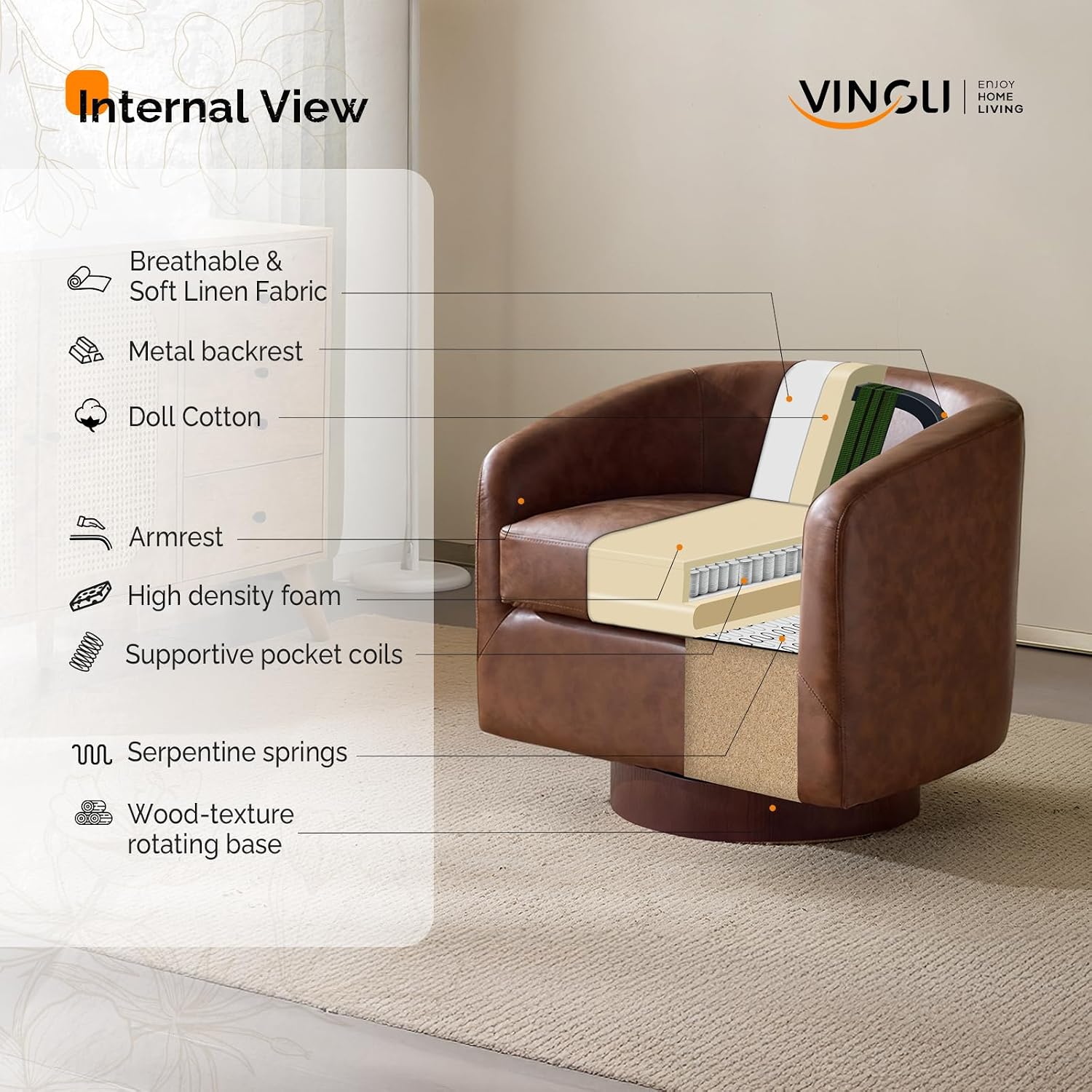 VINGLI 360°Swivel Accent Chairs Set of 2 with Engineered Wood Base and Removable Cushion for Living Room, Bedroom, Curved Back Barrel Chairs for Small Space, Upholstered Bucket Armchairs, Pu-Brown