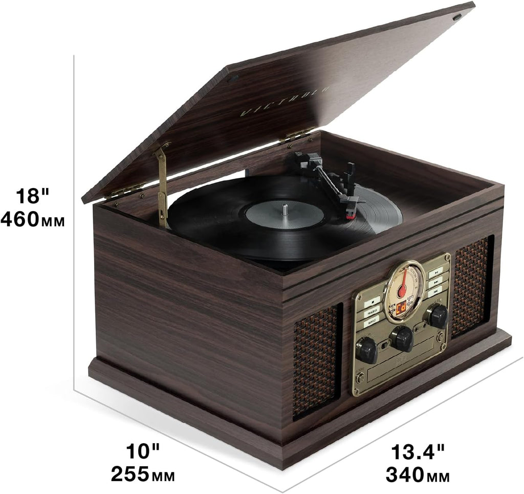 Victrola The Quincy 6-in-1 Bluetooth Record Player & Multimedia Center with Built-in Speakers – 3-Speed Turntable, CD & Cassette Player, FM Radio, Wireless Music Streaming (Grey Wood)