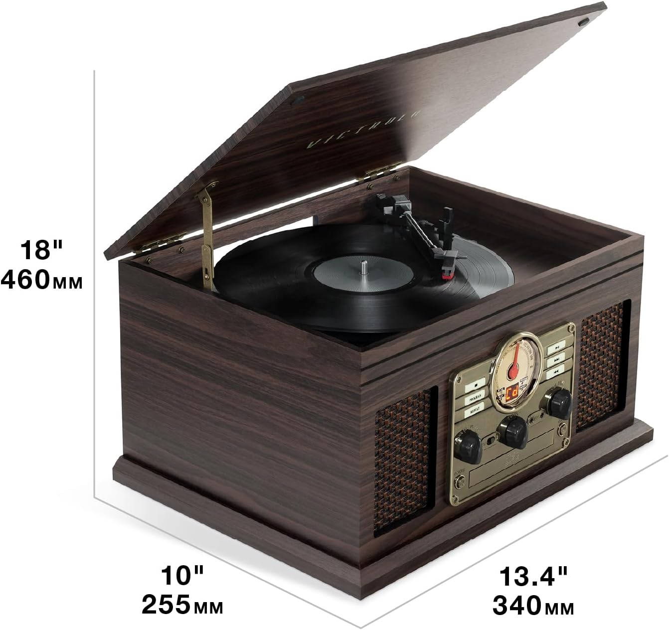 Victrola The Quincy 6-in-1 Bluetooth Record Player & Multimedia Center with Built-in Speakers – 3-Speed Turntable, CD & Cassette Player, FM Radio, Wireless Music Streaming (Grey Wood)