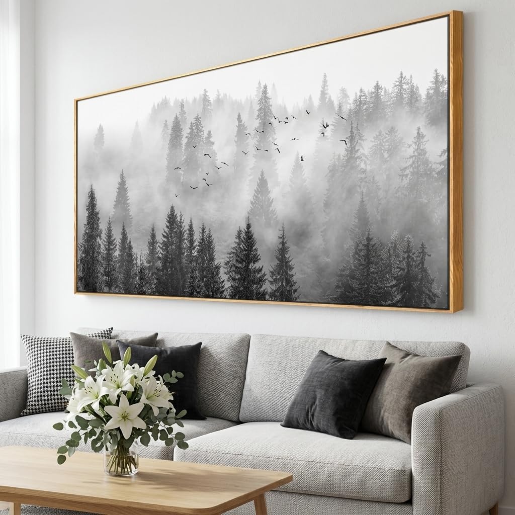 vgrozirh Framed Ready to Hang Wall Art Foggy Forest Black and White Wall Art Nature Landscape Mountain Photographic Printed on Canvas for Bedroom Living Room Office Home Decor 30'x60'