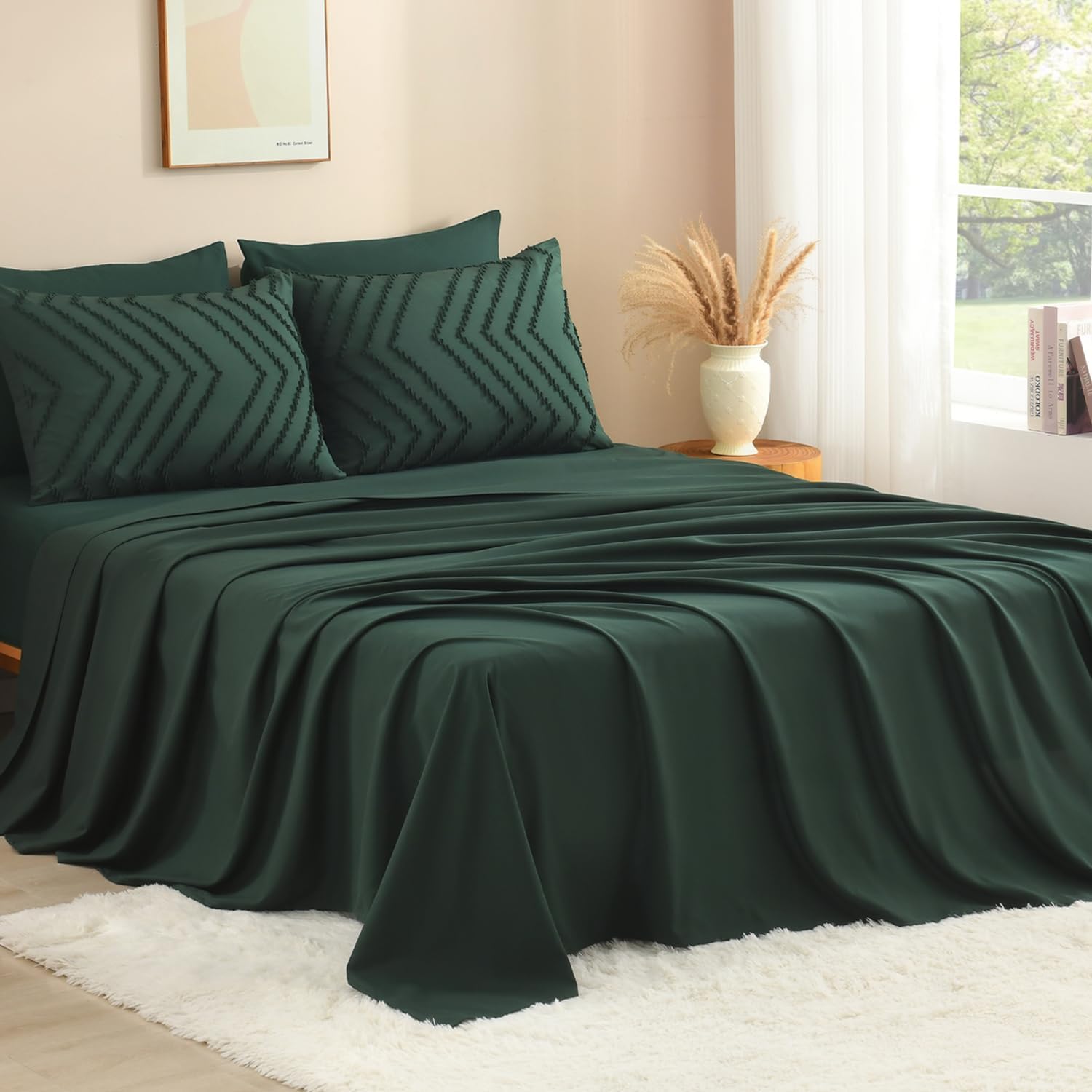 Litanika Super King Plus Size Comforter Set with Sheets Emerald Green - 7 Pieces Bed in a Bag Oversized King Boho Tufted Complete Bedding Sets with Comforter, Sheets, Pillowcases & Shams
