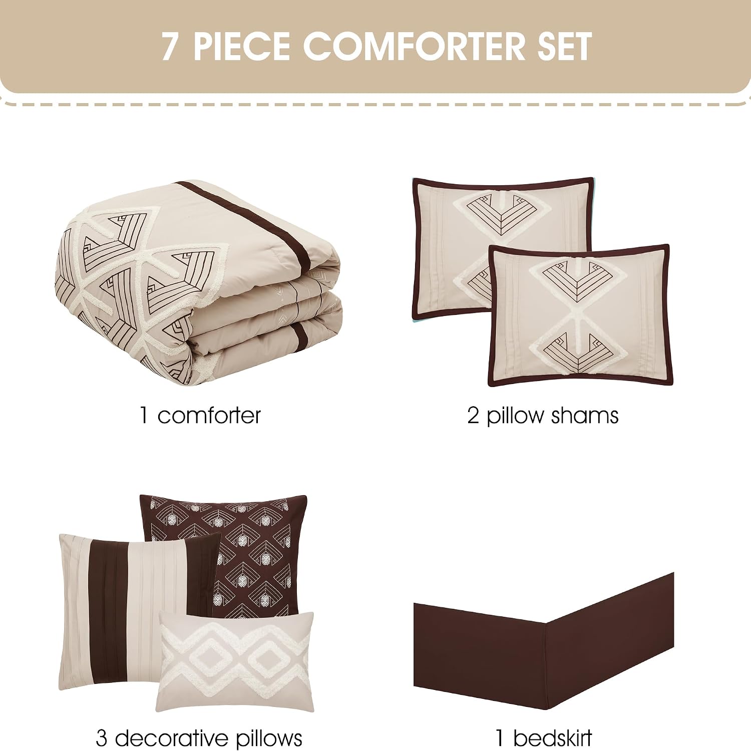 Stratford Park Brown Comforter Set King Size, 7 Piece, Terry Embroidery Geometric Home Decor, Matcking Bed Skirt, Pillows & Shams, All Season Bedding Set