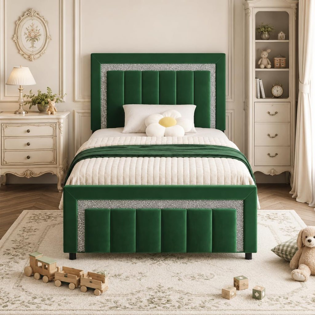 HOMBCK Twin Bed Frames, Twin Size Bed Frames with Upholstered Headboard and Footboard, Velvet Bed Frame with Wooden Salts, No Box Spring Required, Easy Assembly, Green