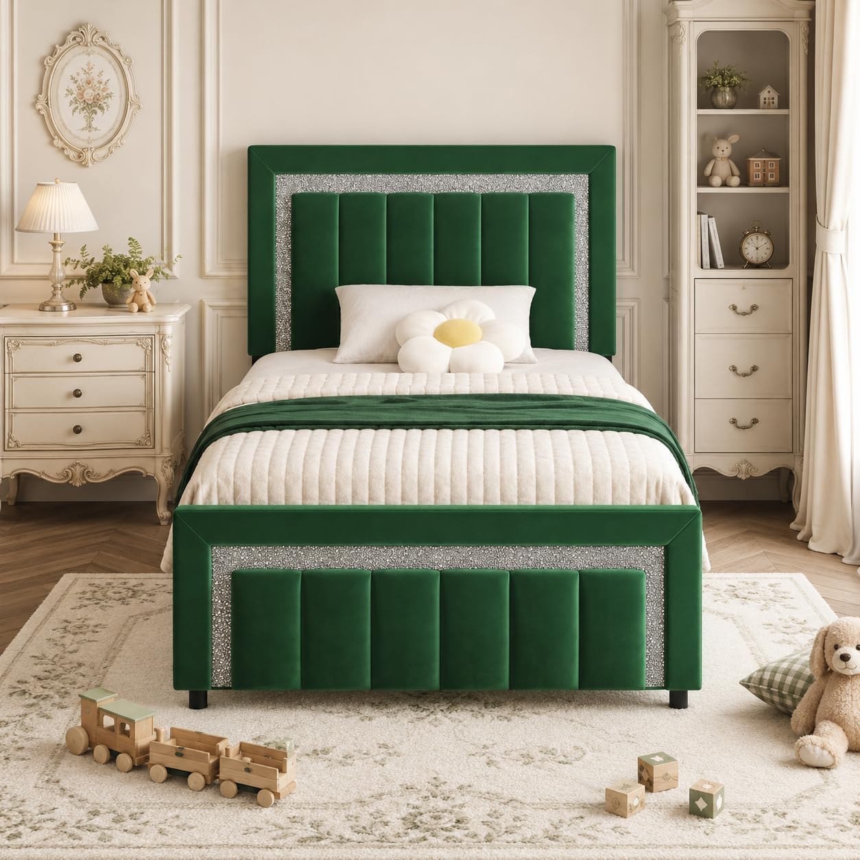 HOMBCK Twin Bed Frames, Twin Size Bed Frames with Upholstered Headboard and Footboard, Velvet Bed Frame with Wooden Salts, No Box Spring Required, Easy Assembly, Green