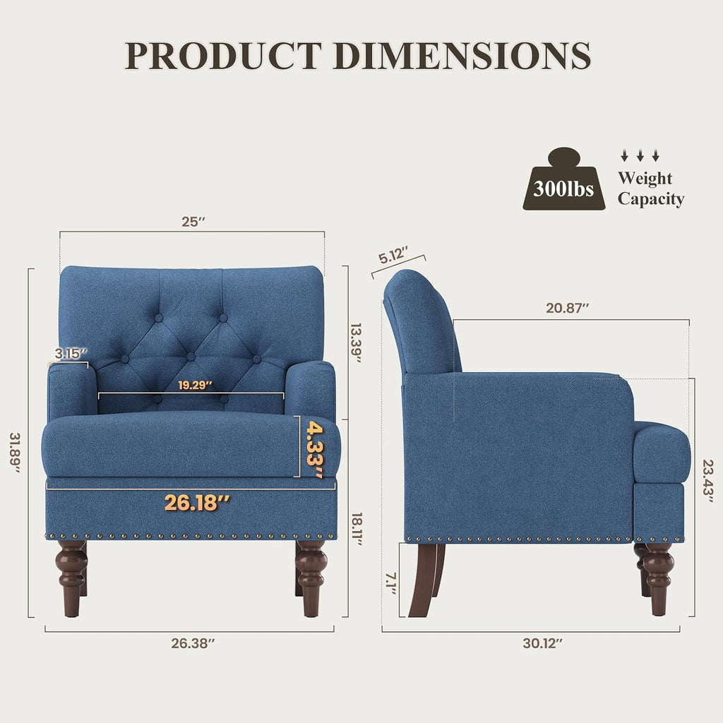 MALOL Upholstered Accent Chair with Thick Cushion, High Back Reading Chair, Linen Blend Armchair with Solid Rubberwood Legs for Living Room, Bedroom, Reading, Apartment & Small Spaces,Blue,Set of 2