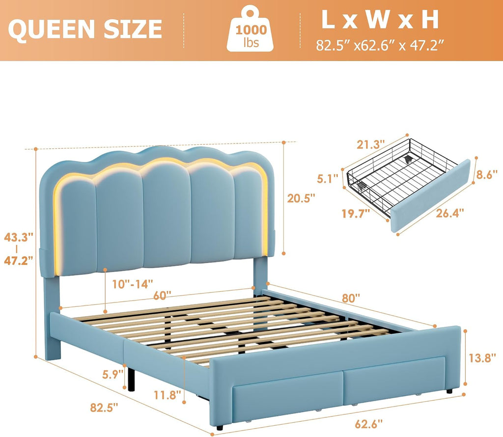 Queen Upholstered LED Bed Frame with 2 Storage Drawers and Adjustable Chic Double Wavy Headboard, Velvet Princess Platform Bed with Charing Station, Solid Wood Slats Support,No Box Spring Needed,Blue