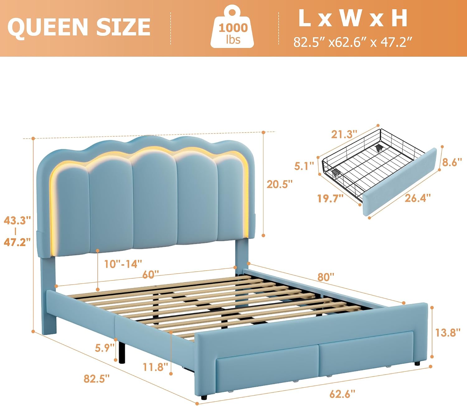 Queen Upholstered LED Bed Frame with 2 Storage Drawers and Adjustable Chic Double Wavy Headboard, Velvet Princess Platform Bed with Charing Station, Solid Wood Slats Support,No Box Spring Needed,Blue