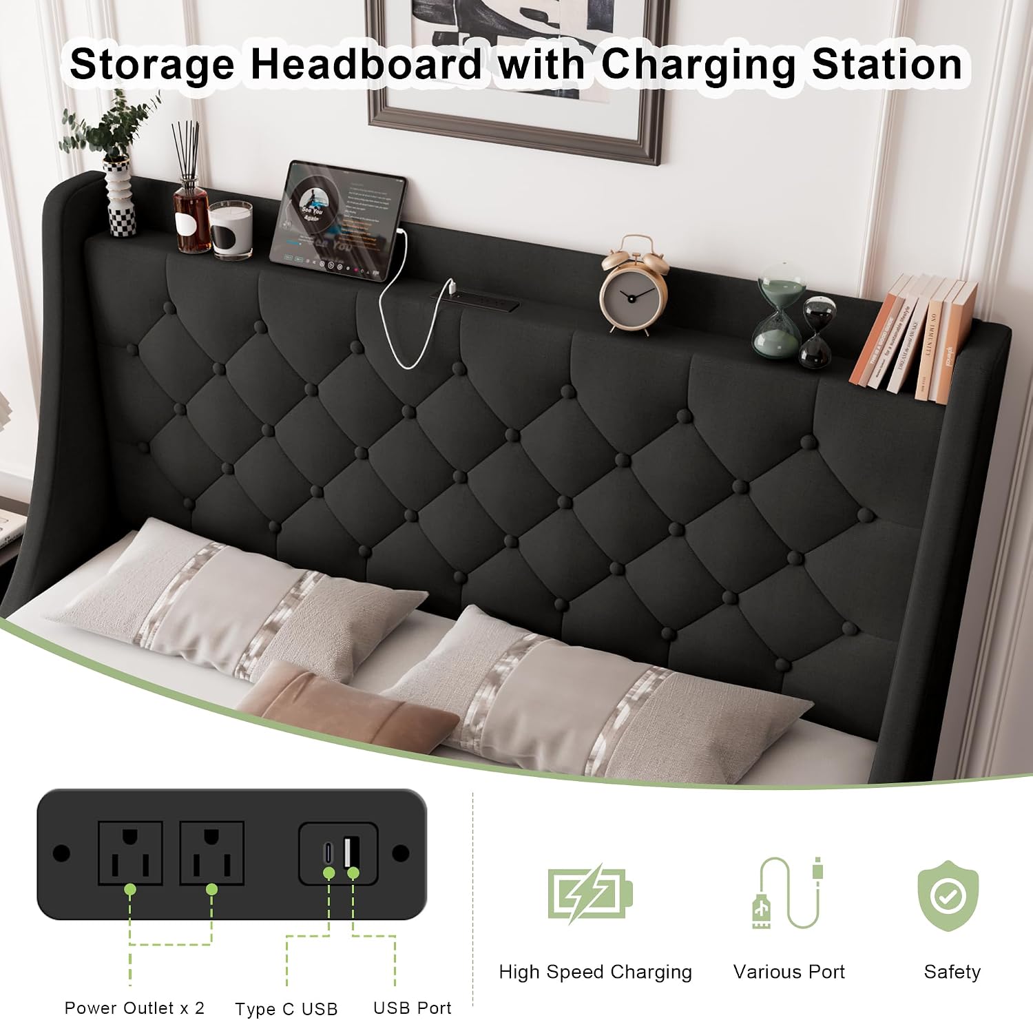 Feonase Upholstered Full Size Bed Frame with 4 Storage Drawers, Large Wingback Storage Headboard, No Box Spring Needed, Black