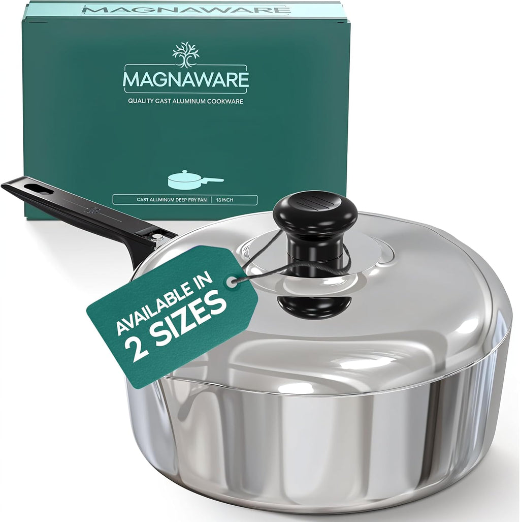MAGNAWARE Cast Aluminum Sauté Pan with Lid 12 inch - Oven Safe Deep Frying Pan with Lid, Two Side Spouts and Ergonomic Stay-Cool Handle for Comfortable Grip and Pouring (4 Quart)