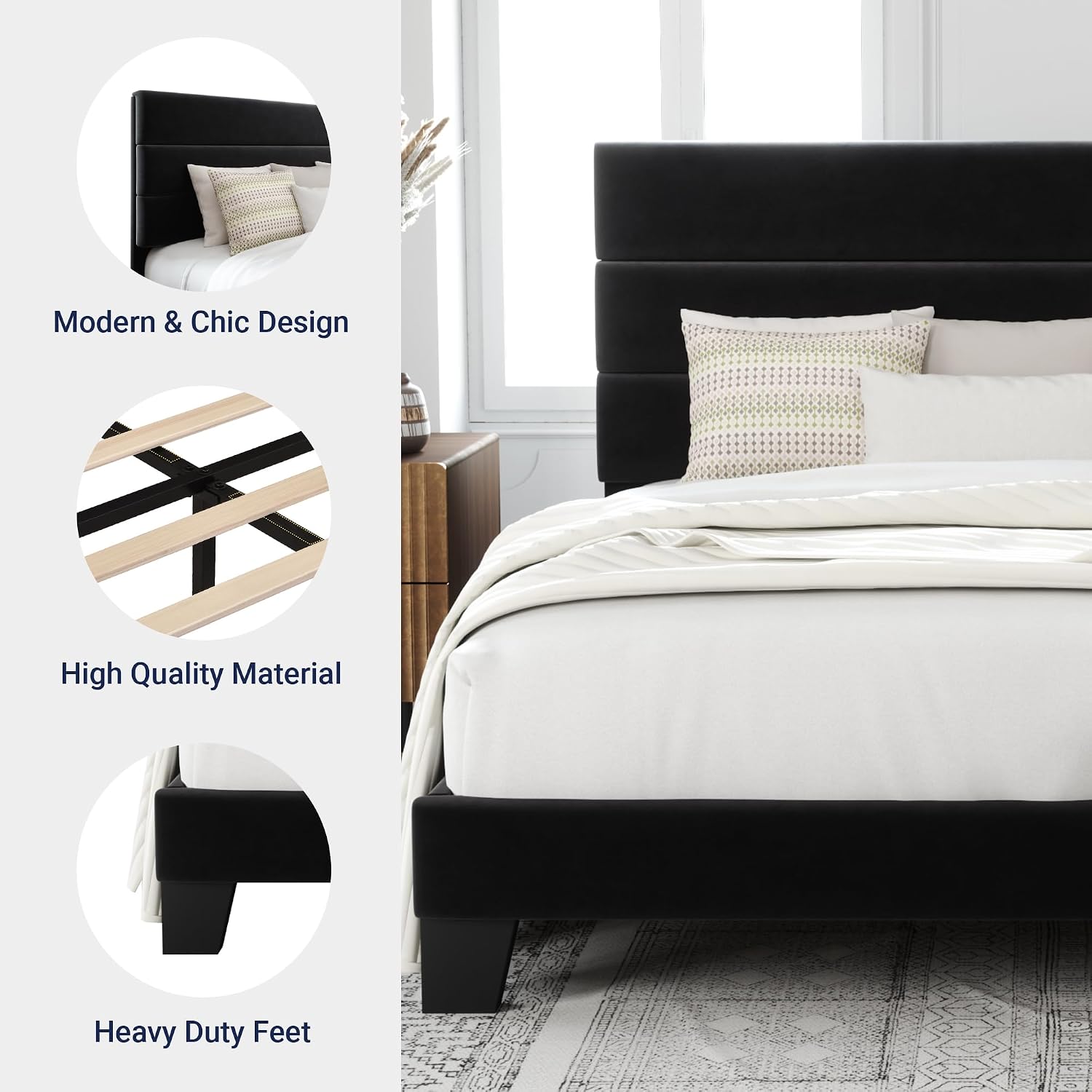 Allewie Full Size Platform Bed Frame with Velvet Upholstered Headboard and Wooden Slats Support, Fully Upholstered Mattress Foundation/No Box Spring Needed/Easy Assembly, Black