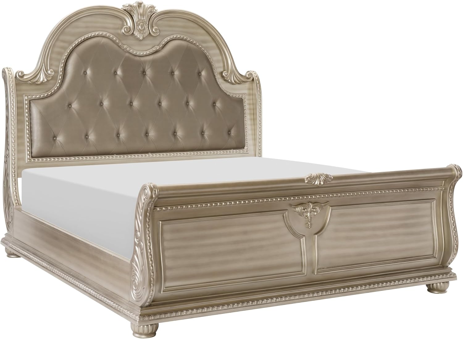 New Formal Traditional 6pc Set King Size Faux Leather Tufted Bed Silver Finish Classic Design Marble Top Bedroom Furniture