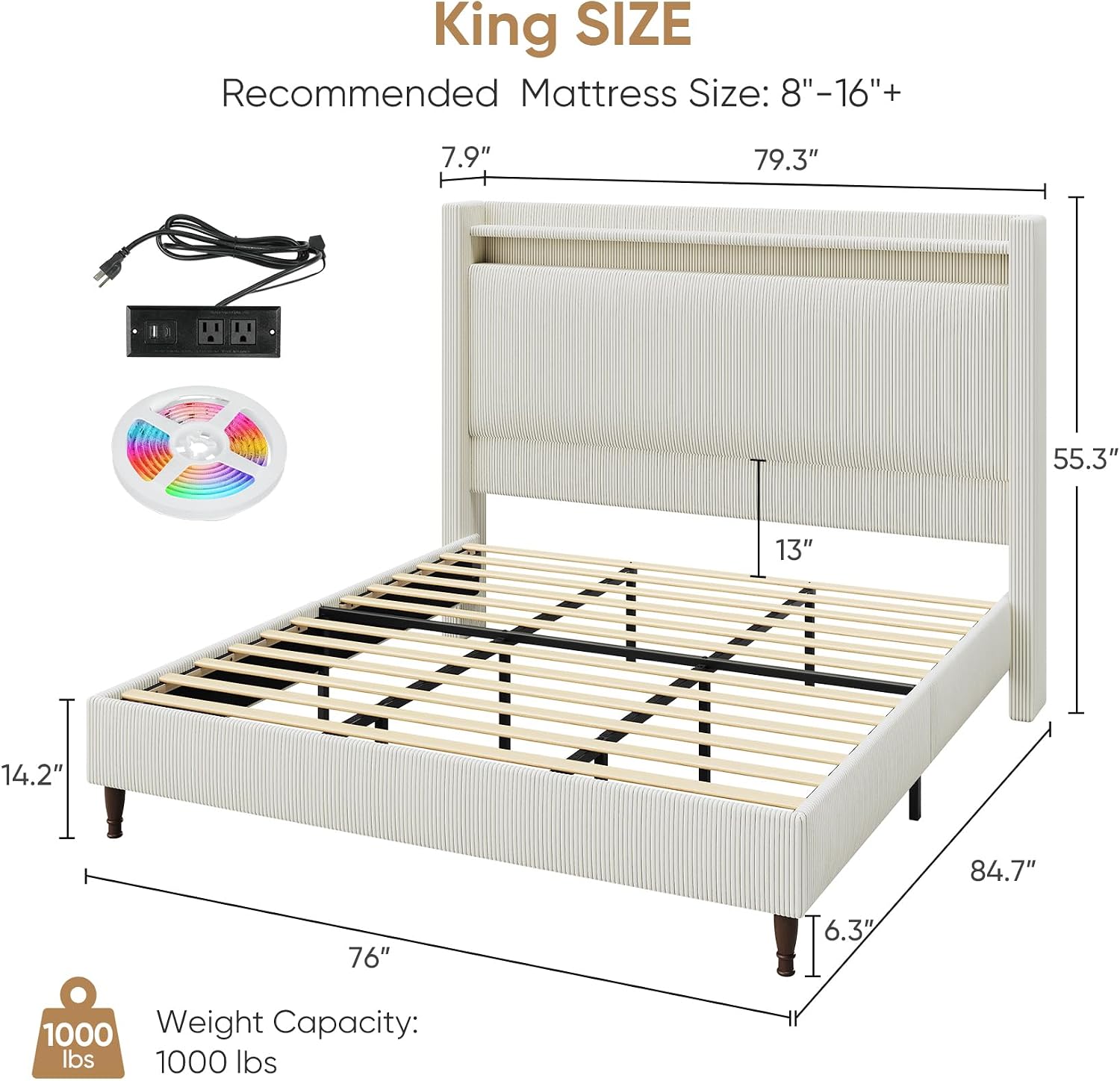 King Size Bed Frame with Tall Headboard, 55.3' Upholstered Platform King Bed Frame, Elegant Corduroy Wingback Bed with LED Lights & Charging Station, No Box Spring Needed, Solid Wood Slats, Cream
