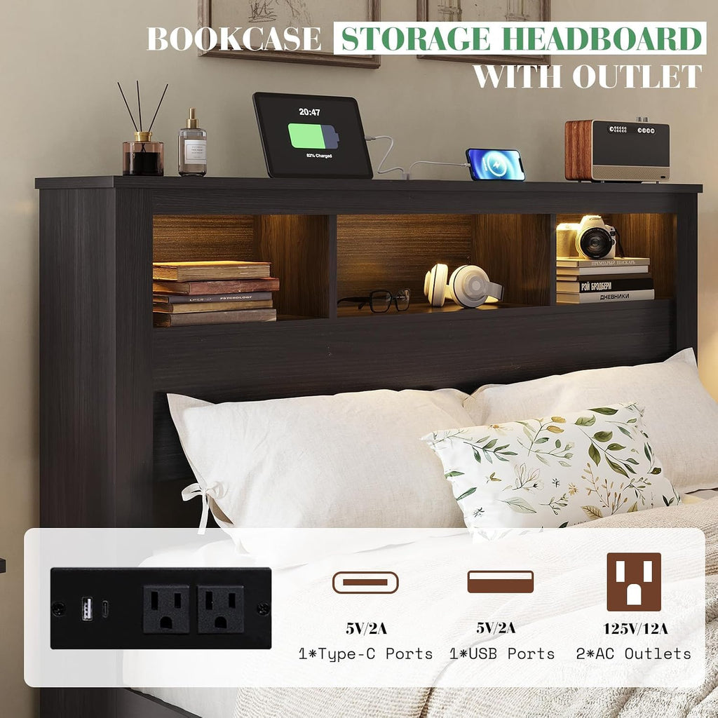 Albott Farmhouse King Size Bed Frame with Storage/Bookcase Headboard & Footboard, Wood Platform Bed with LED Lights/Charging Station, Heavy-Duty Metal Support/No Box Spring Needed/Noise-Free, Black