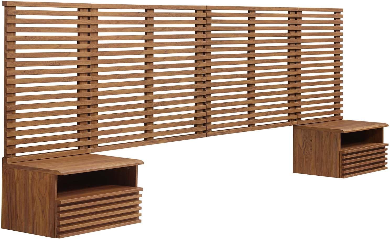 Modway Render Wall-Mount King Headboard and Modern Nightstands Bedroom Set in Walnut