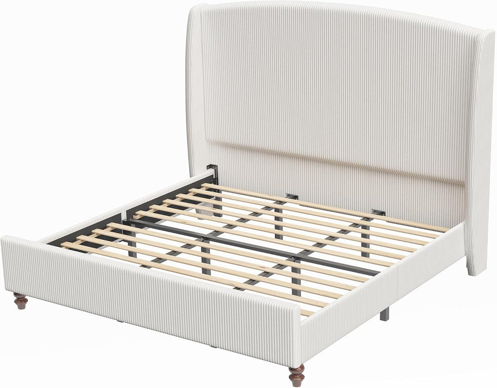 65.7' Tall Headboard King Size Upholstered Bed Frame with Wingback, Soft Washable Corduroy Beds Cover, Solid Wood Legs, Noise-Free, No Box Spring Needed, Cream