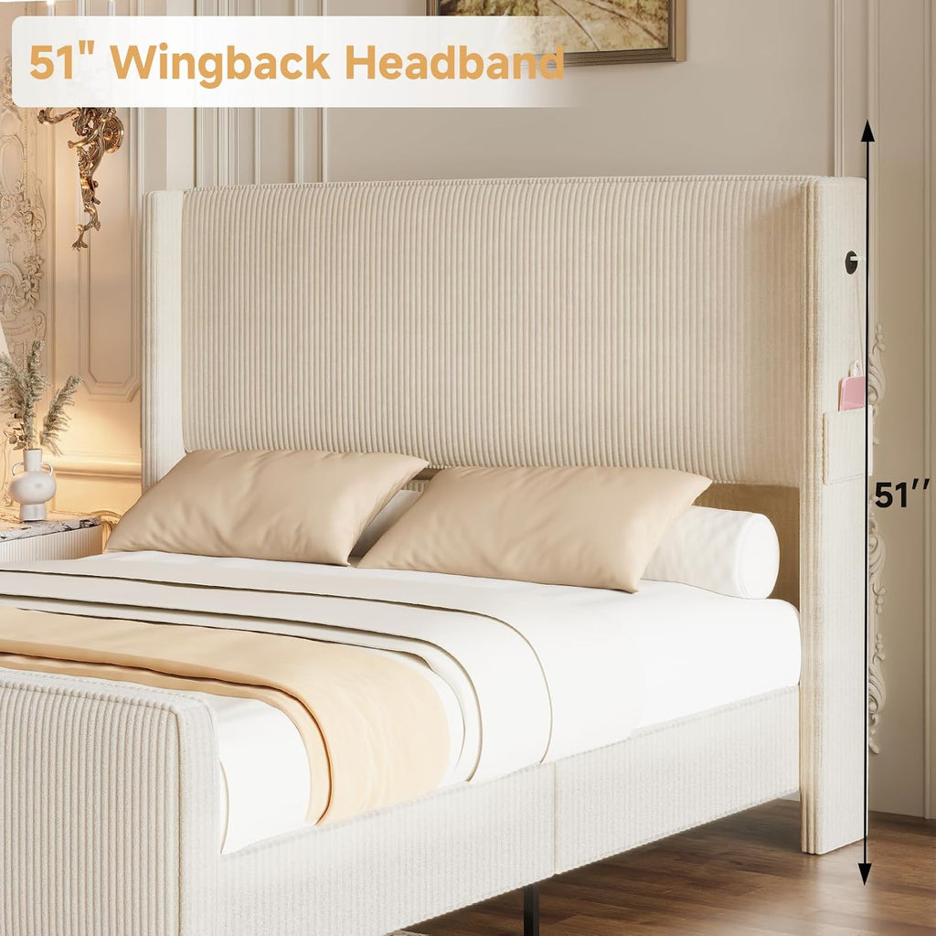 Queen Size Bed Frame with Headboard, Upholstered Platform Bed with Tall Wingback Headboard & Footboard, Corduroy Bed Frames with USB Ports, Easy Assembly, Beige