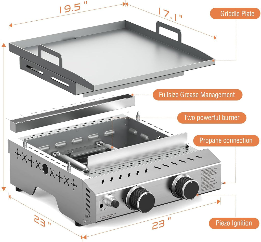 Electactic Portable 2 Burner Flat Top Grill, 23' Table Top Gas with Handle, 333 Sq. In. Cooking Area, 16000 BTU Outdoor Griddle for Kitchen, BBQ, Camping, Stainless Steel
