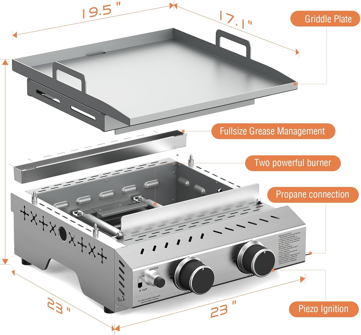 Electactic Portable 2 Burner Flat Top Grill, 23' Table Top Gas with Handle, 333 Sq. In. Cooking Area, 16000 BTU Outdoor Griddle for Kitchen, BBQ, Camping, Stainless Steel