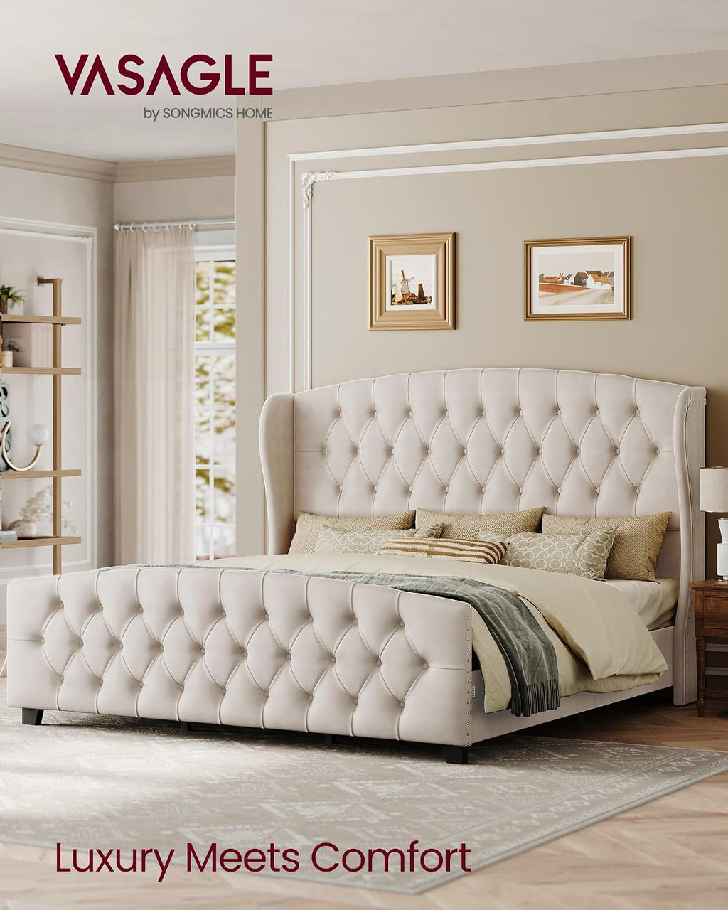 VASAGLE King Bed Frame with Tall Headboard, Upholstered Platform Bed Frame King Size, with Wingback Tufted Headboard and Footboard, Wooden Slats, No Box Spring Needed, Cappuccino Beige URMB884W01