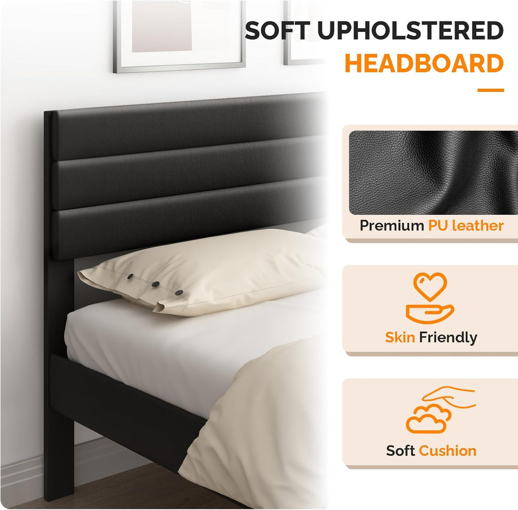 VINGLI Upholstered Bed Frame Queen, Faux Leather Platform Bed with Adjustable Headboard, Wood Mattress Foundation with Heavy Duty Slats Support,Luxury Modern,No Box Spring Needed, Black