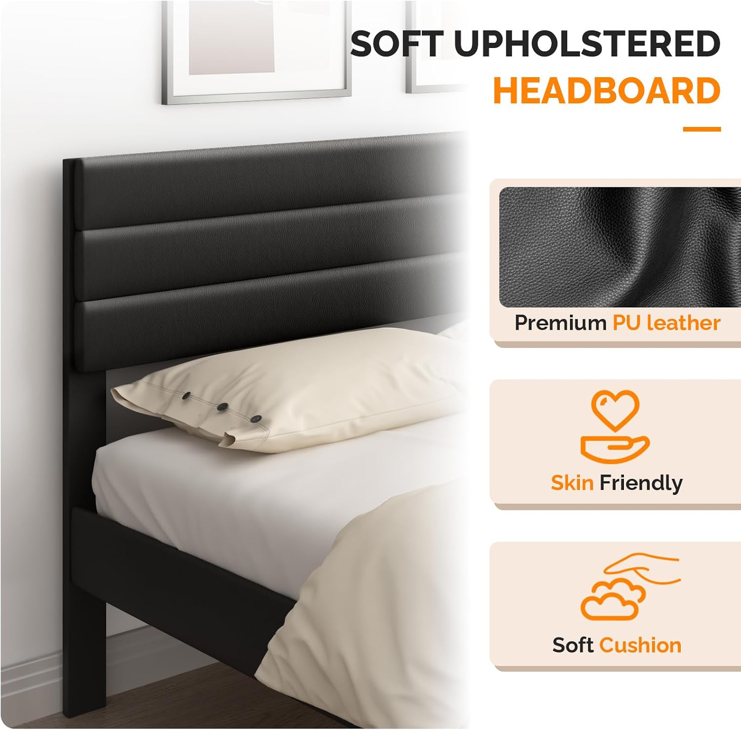 VINGLI Upholstered Bed Frame Queen, Faux Leather Platform Bed with Adjustable Headboard, Wood Mattress Foundation with Heavy Duty Slats Support,Luxury Modern,No Box Spring Needed, Black