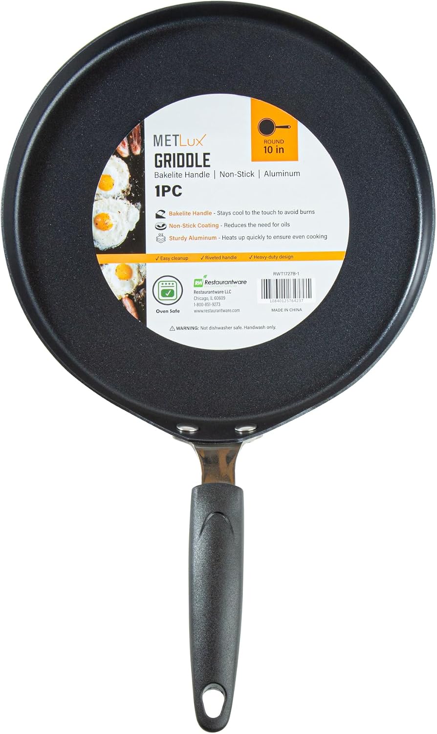 Restaurantware Nonstick Griddle 10 Count 10 x 10 Inch Aluminum Nonstick Frying Griddle With Bakelite Handle - Square Frying Pan With Even Heating - Black Cooking Surface For Home Kitchens